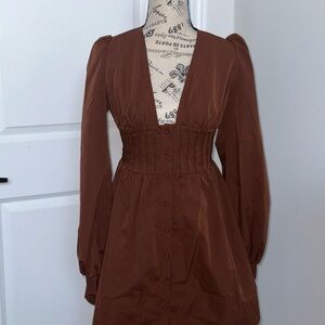 PrettyLittleThing Brown Plunge Bishop Sleeve Sundress